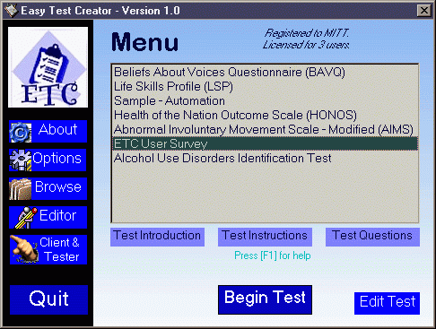 The Main Menu of Easy Test Creator